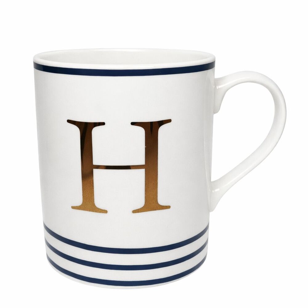 Ceramic Mug White w/ Dark Navy Blue Metallic Gold Monogrammed Letter H 16 fl oz